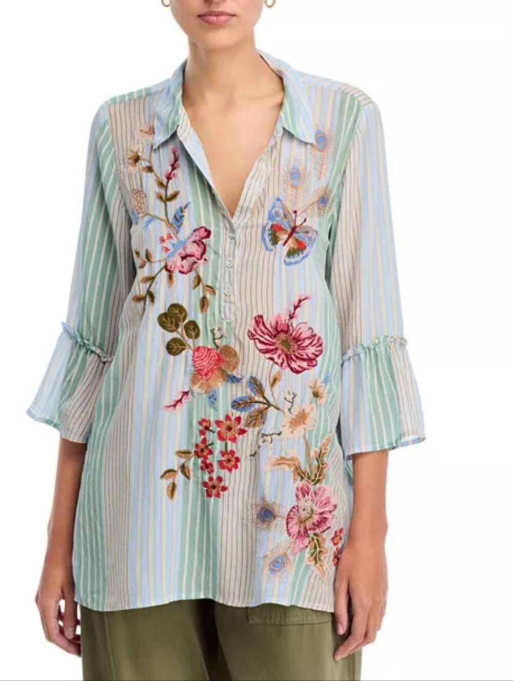 Johnny Was Silk Floral Ruffle Cuff Blouse Silk S